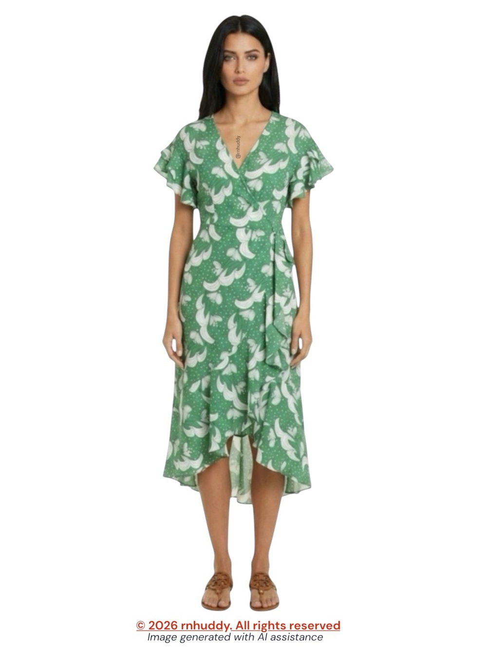 Max Studio L green/white floral ruffle wrap midi dress
